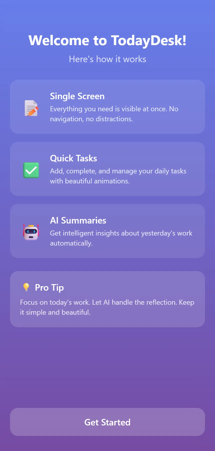 First-launch onboarding cards explaining Single Screen, Quick Tasks, and AI Summaries
