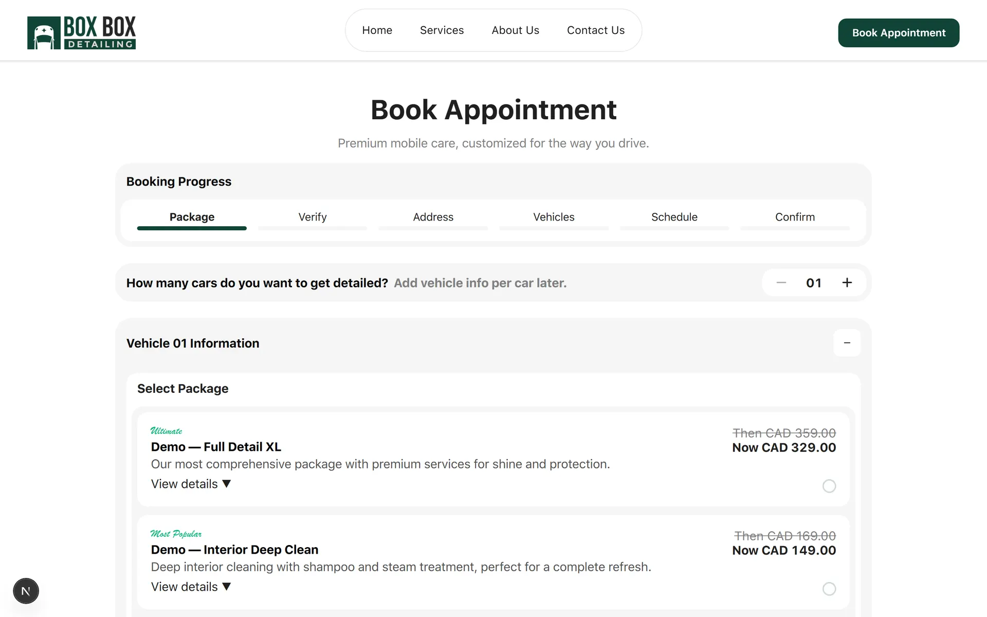 Booking wizard package step with progress bar, vehicle-count stepper, and package cards with sale pricing