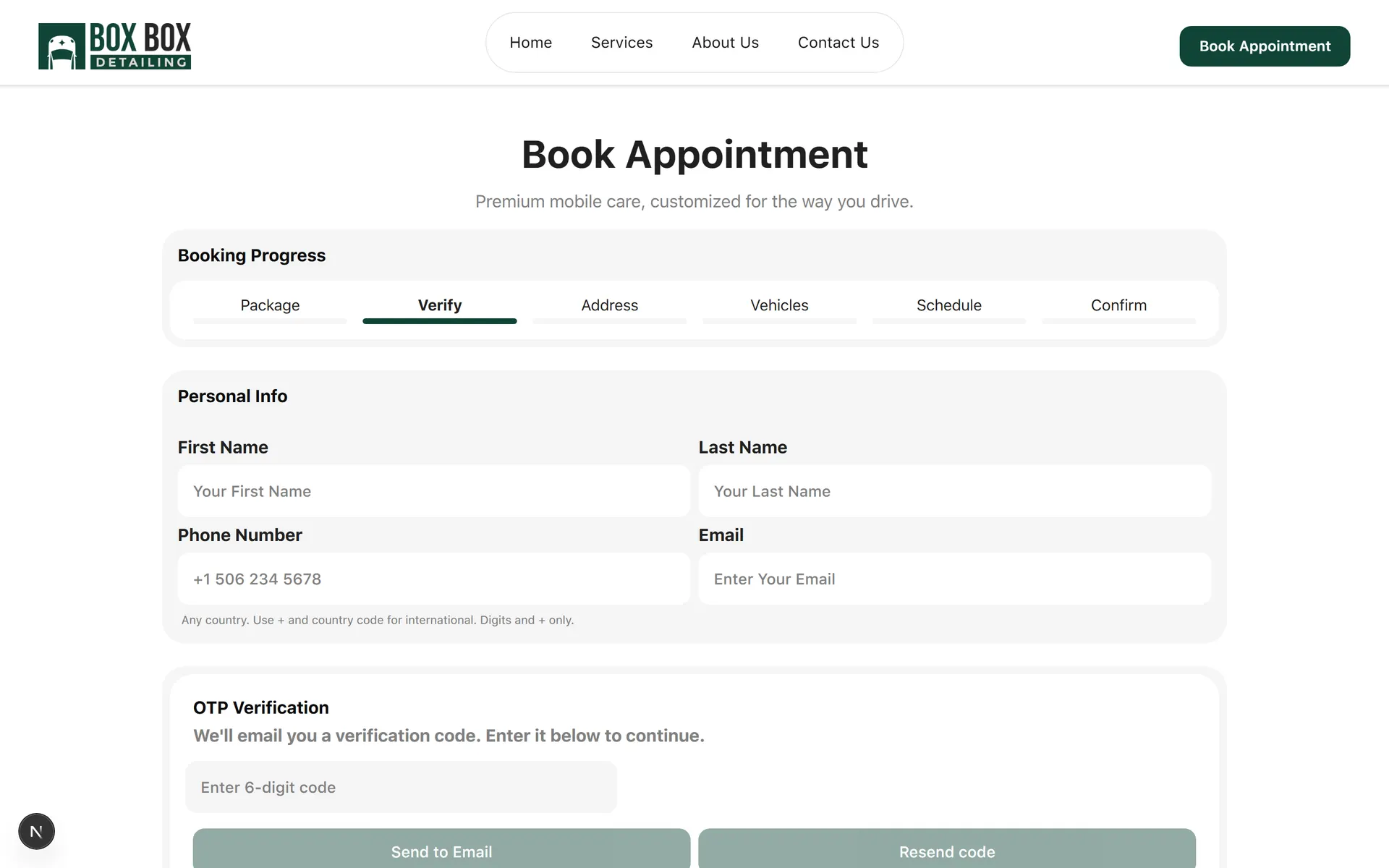 Booking wizard verify step with contact details and a six-digit one-time code field