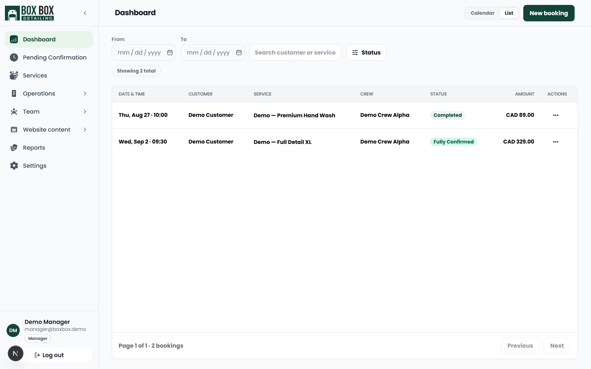 Admin bookings workspace in list view with status filters and a calendar toggle