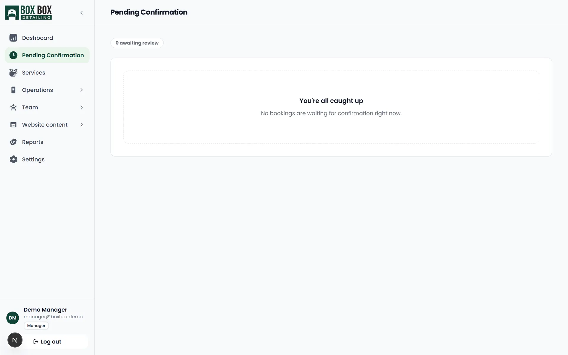 Pending confirmation queue in its cleared state with a zero-count badge