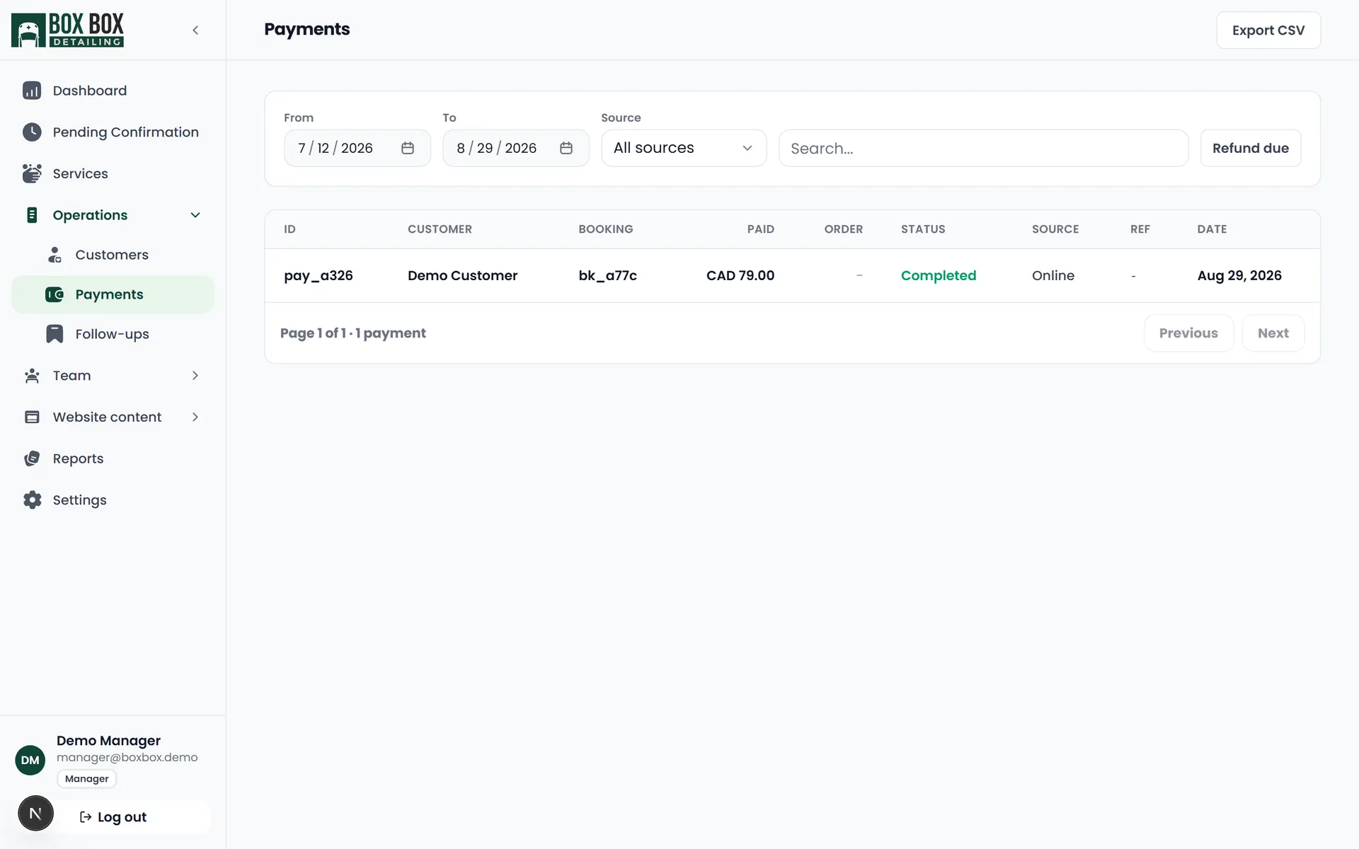 Admin payments ledger with date-range, source, and refund-due filters plus CSV export