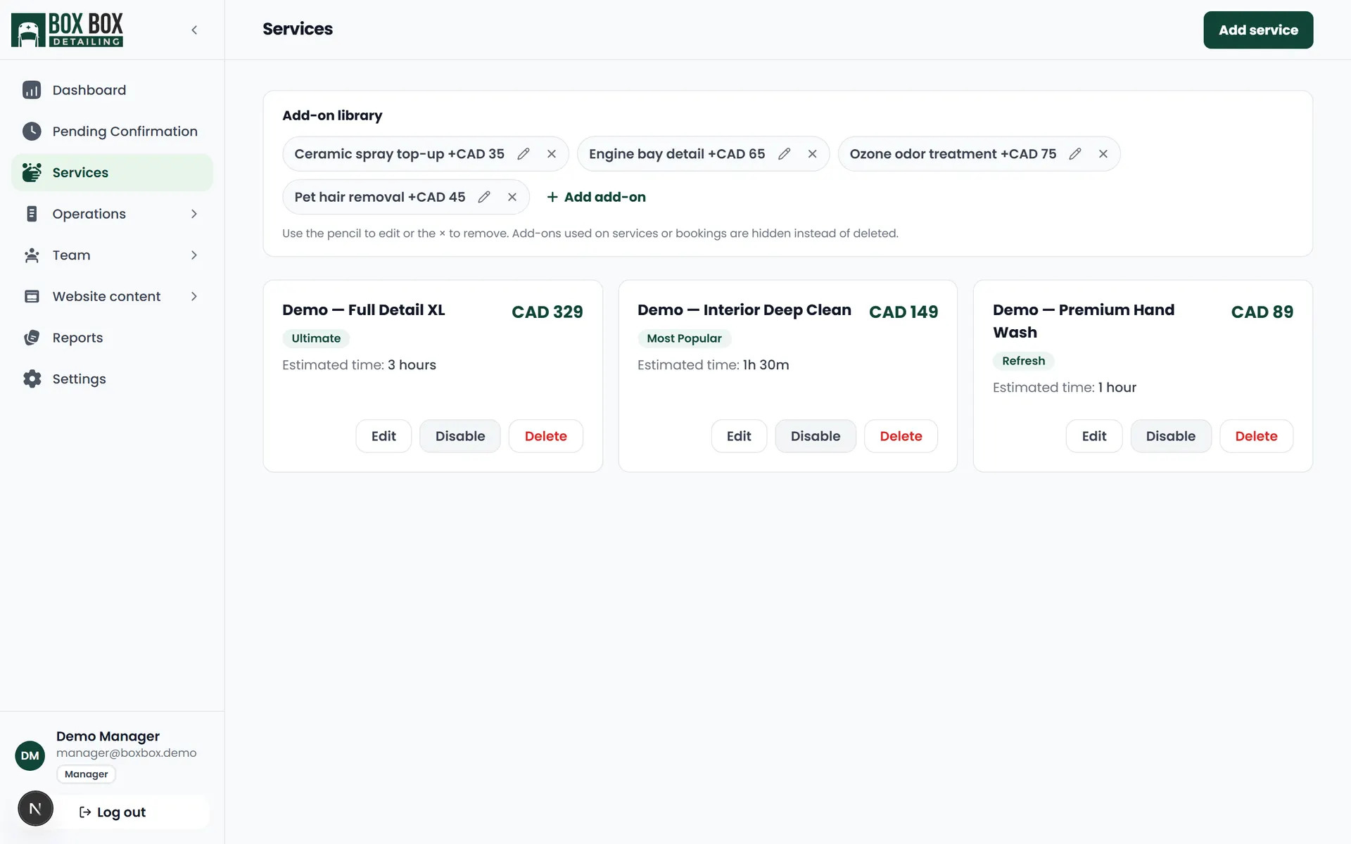 Services CMS with a reusable add-on library and editable service cards