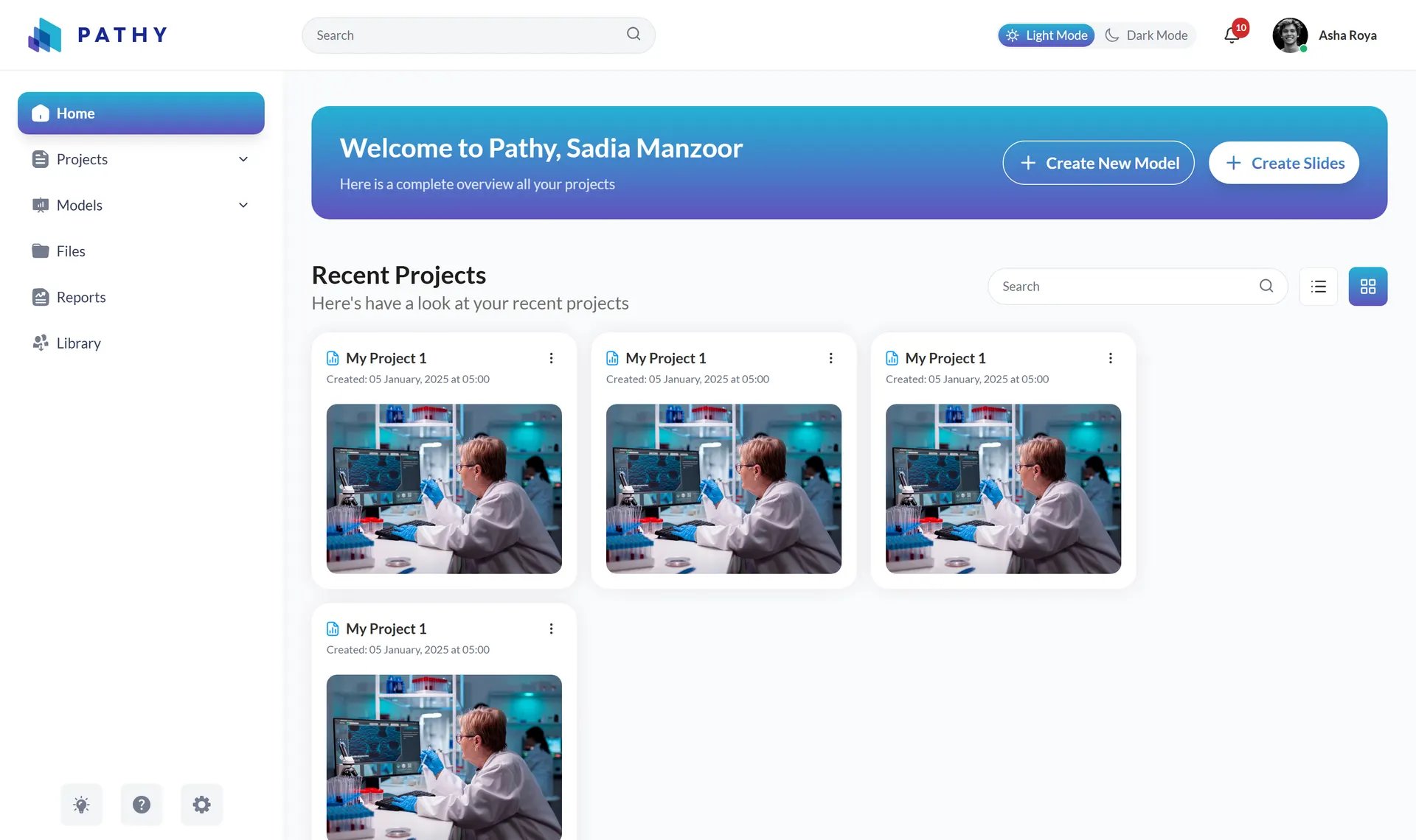 Home dashboard with create actions and a searchable recent projects grid
