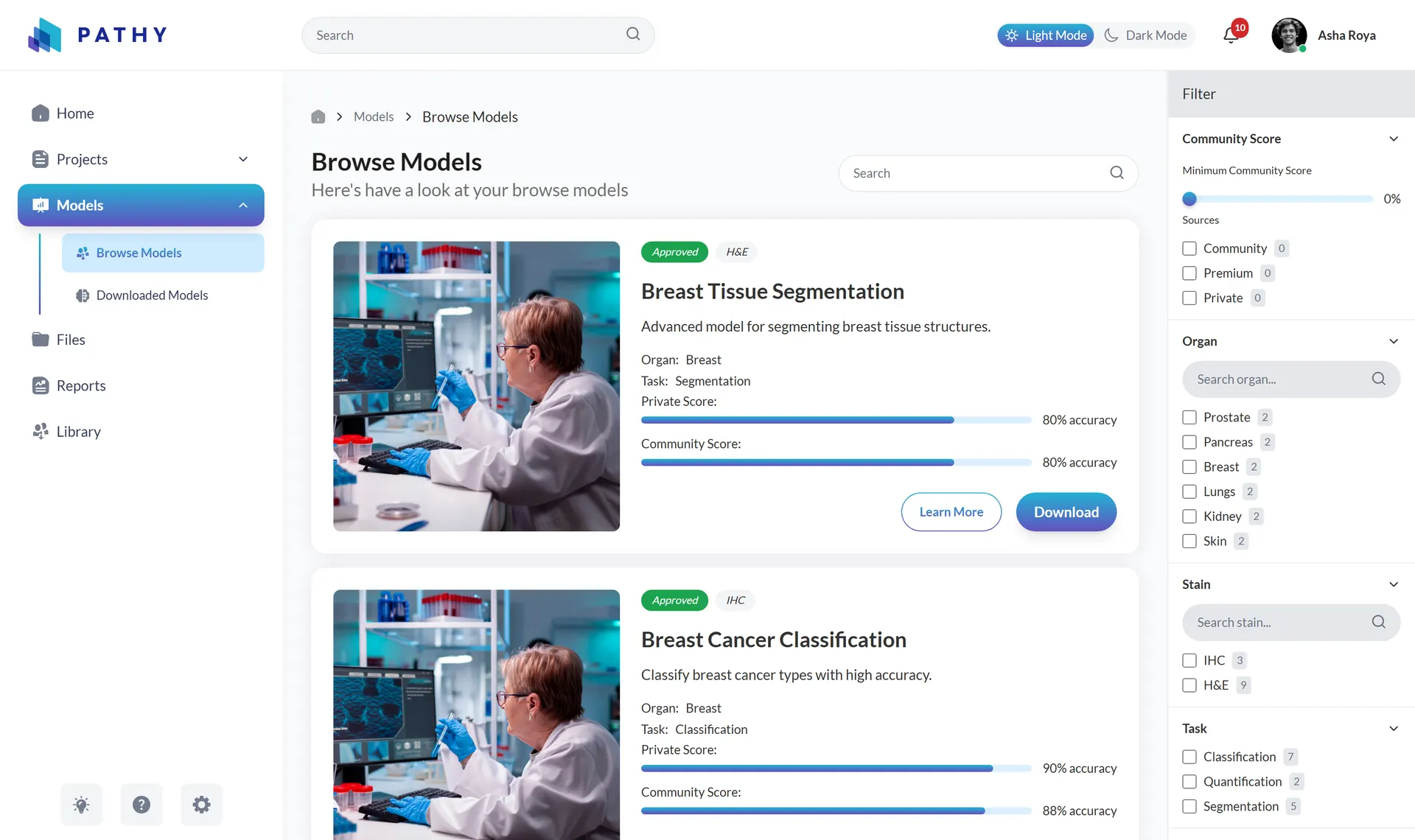 AI model marketplace with filter sidebar and model cards showing accuracy score bars