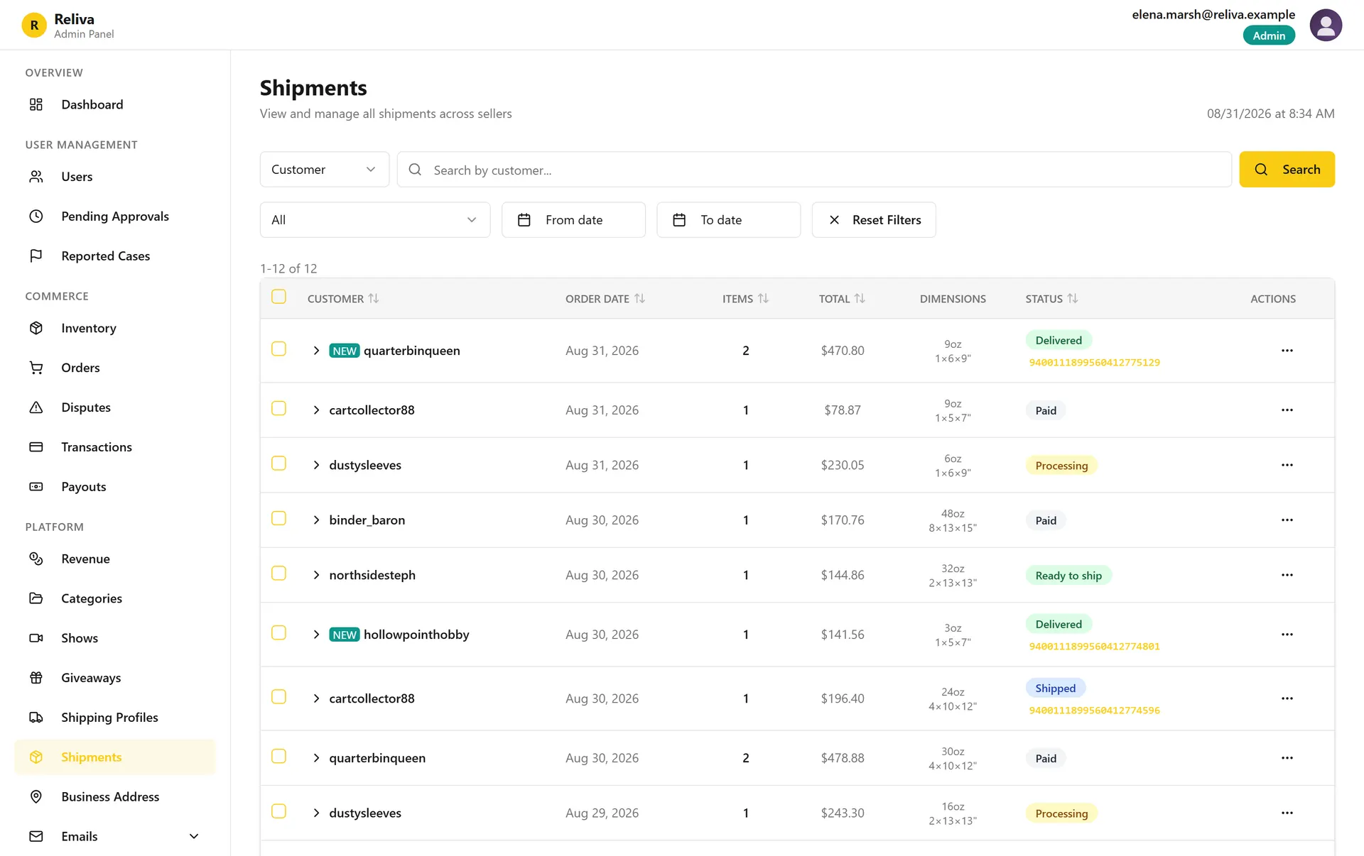 Admin shipments queue with parcel dimensions, tracking numbers, and fulfilment states
