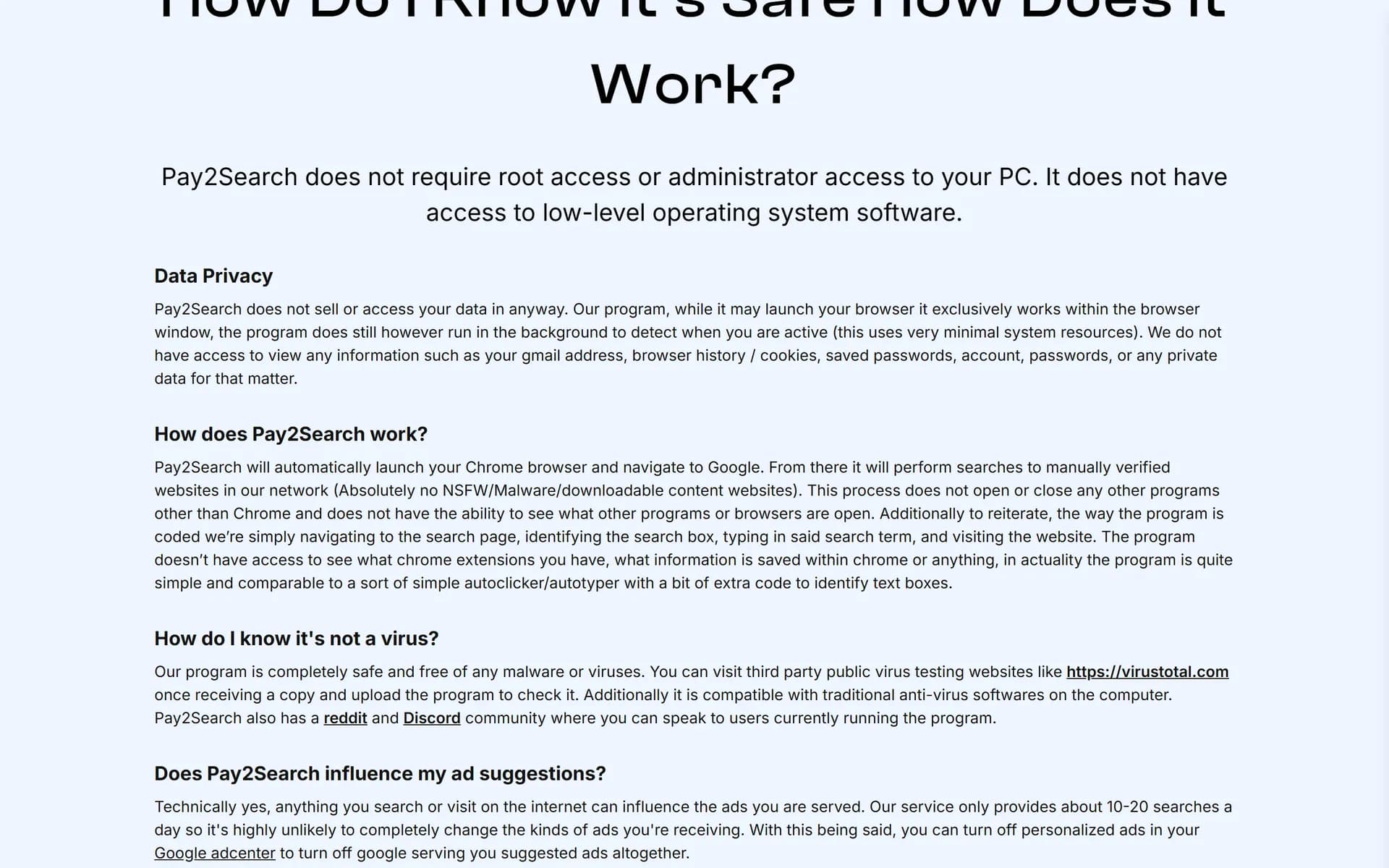 Dedicated safety FAQ answering data privacy and malware questions