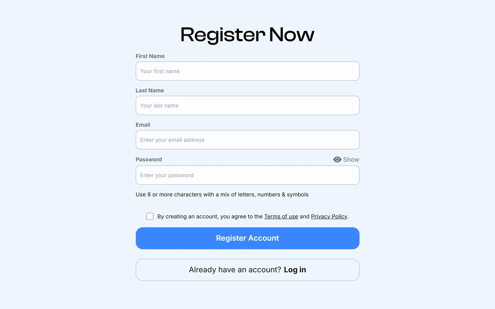 Registration form with password strength hint and required terms acceptance