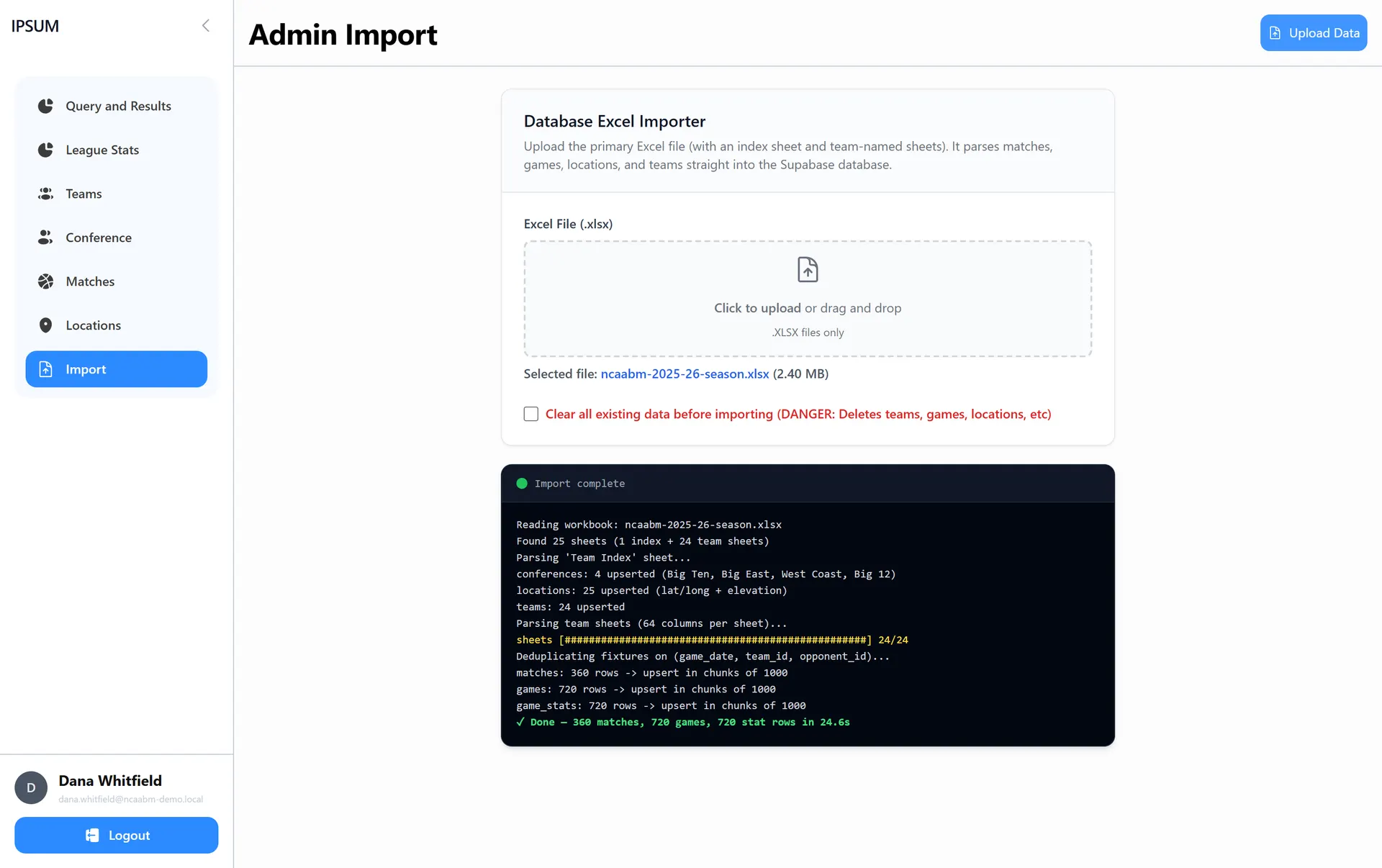 Admin import screen showing a streamed workbook import log with progress and row counts