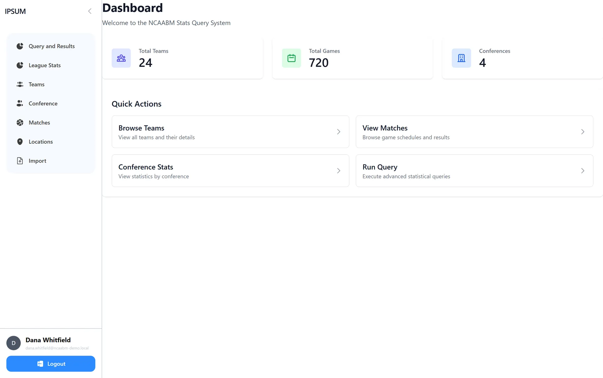 Dashboard with team, game, and conference count cards over quick action links