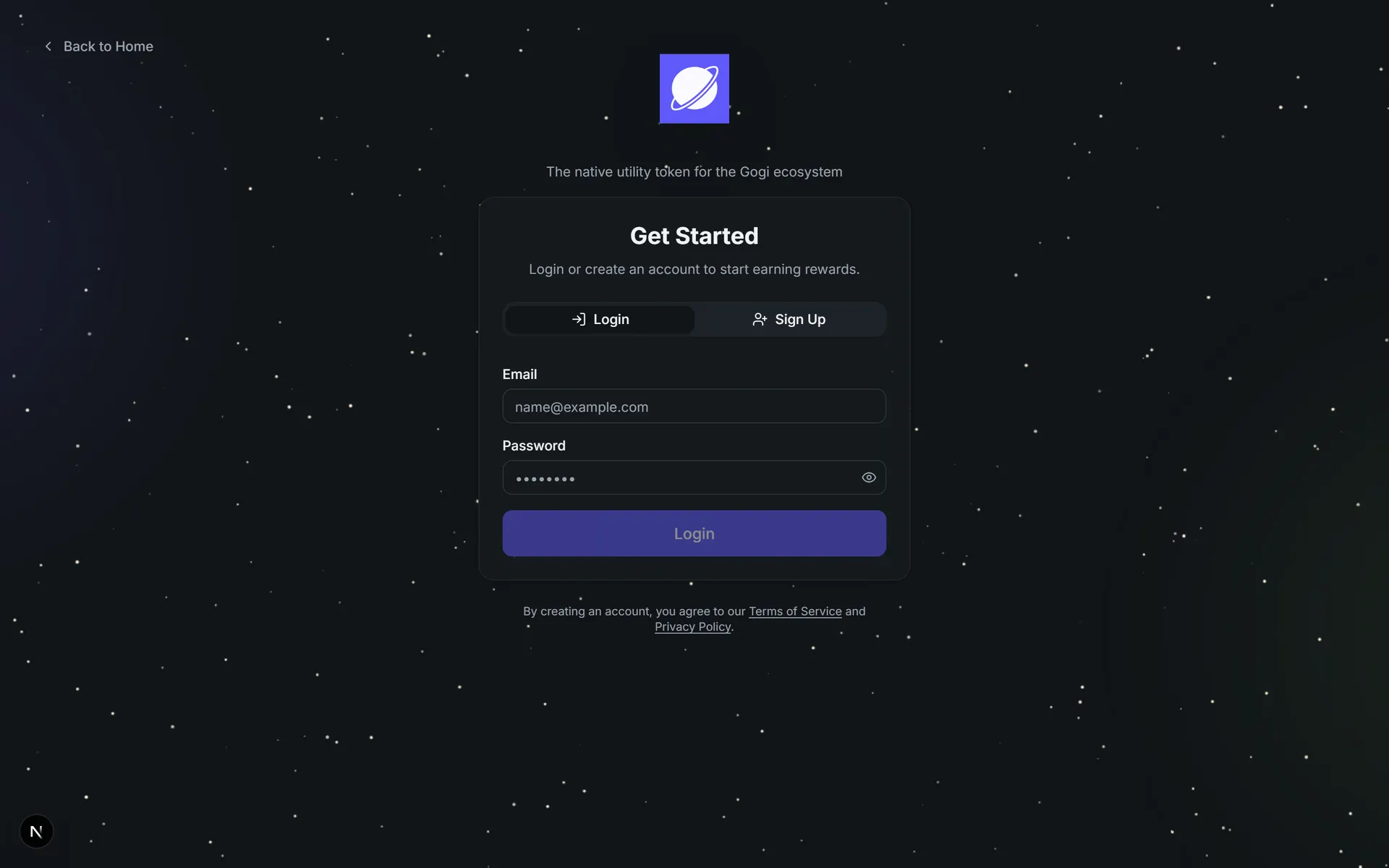 Login and sign-up screen gating the holder dashboard and one-time reward claim